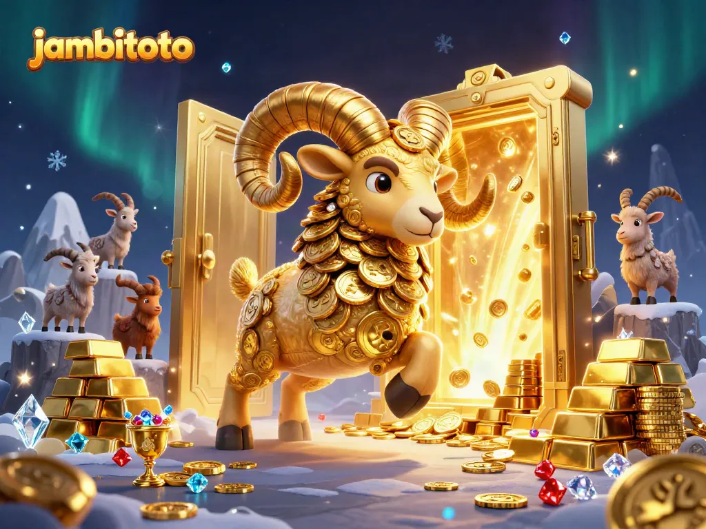 Engage with jambitoto's golden ram and treasures in this vibrant casino illustration showcasing excitement.