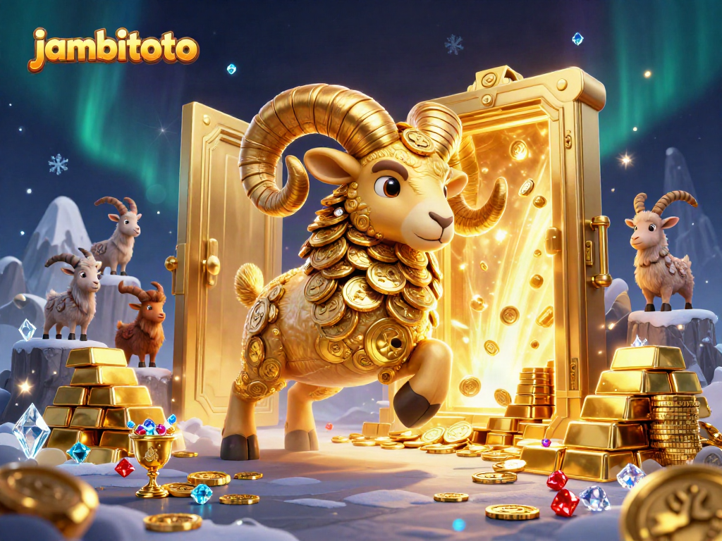 Engage with jambitoto's golden ram and treasures in this vibrant casino illustration showcasing excitement.