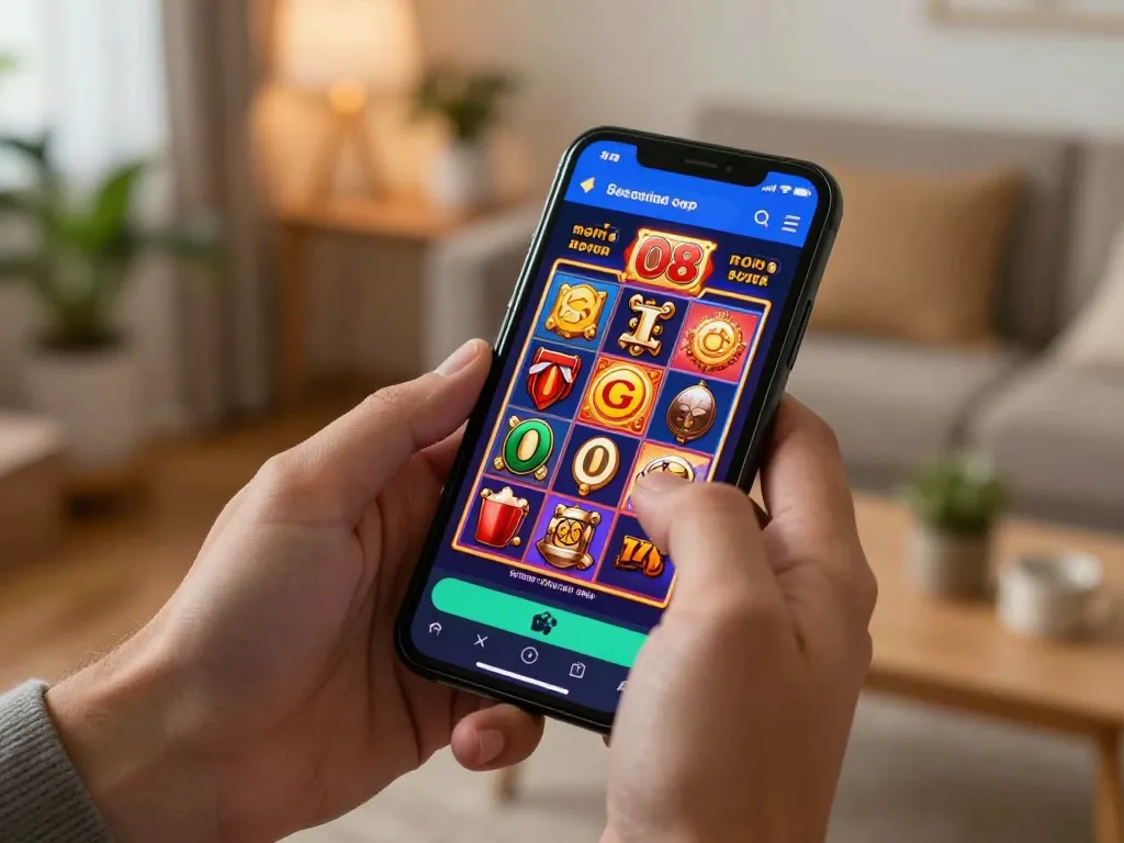 Player engaging with O8 mobile casino app, showcasing excitement during gameplay.