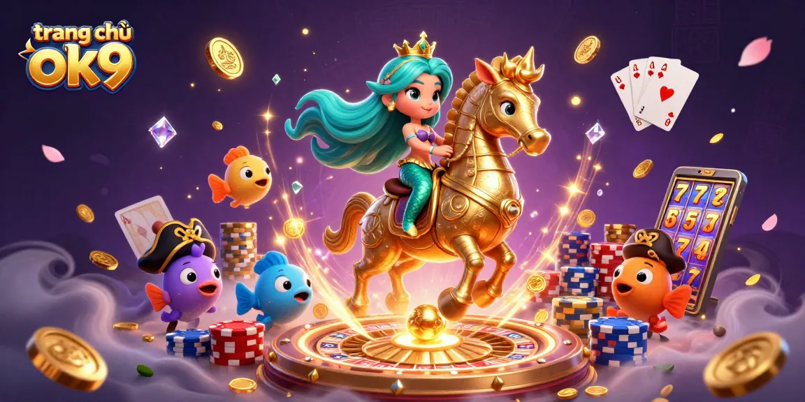 Engage with the vibrant scene showcasing the magical world of trang chủ ok9 filled with sparkling gems, golden coins, and casino excitement.
