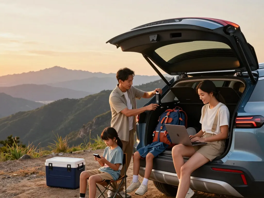 Gezin dat een omvormer gebruikt in een SUV tijdens een schilderachtige road trip, terwijl ze apparaten opladen en samen van het avontuur genieten.