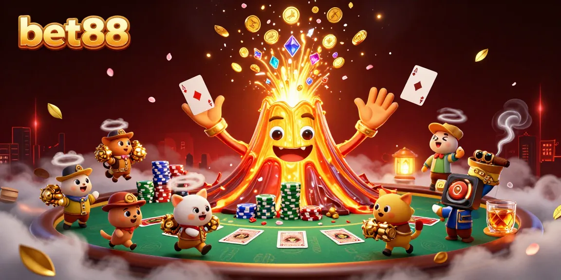 Engage with bet88 as the golden volcano erupts treasure amidst poker excitement in a captivating casino scene.