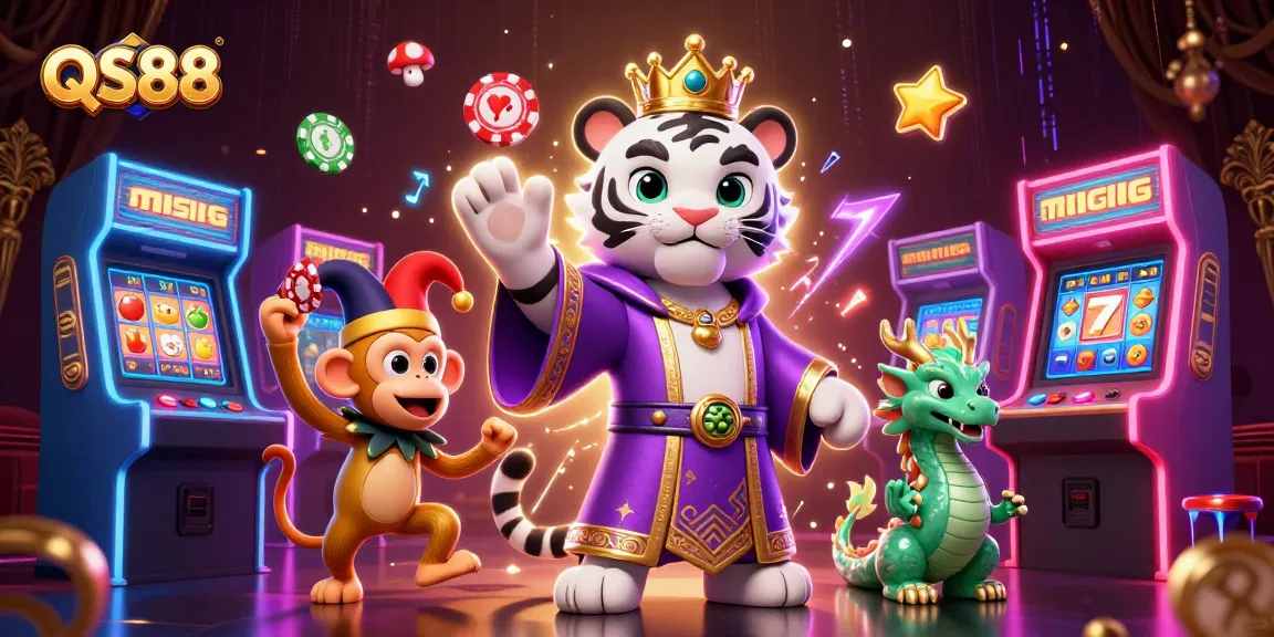 Engage in QS88 with vibrant slot elements, a royal tiger, and lively casino characters.