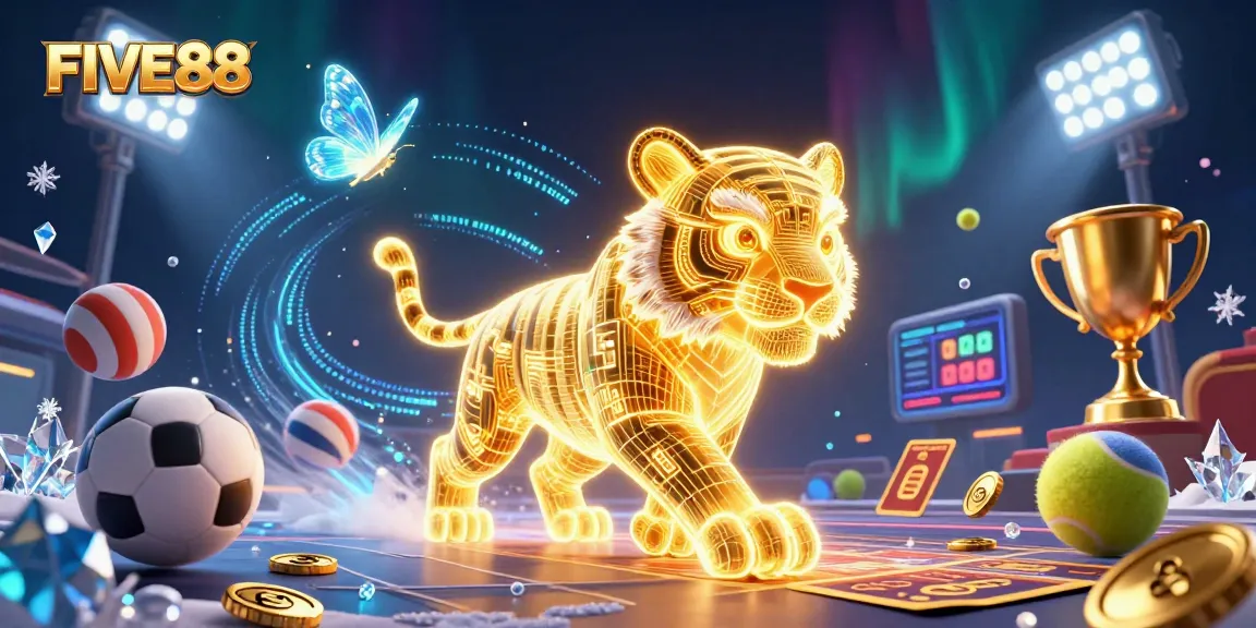 Experience the excitement of FIVE88 with a vibrant casino landscape featuring illuminated characters and sports-themed elements.