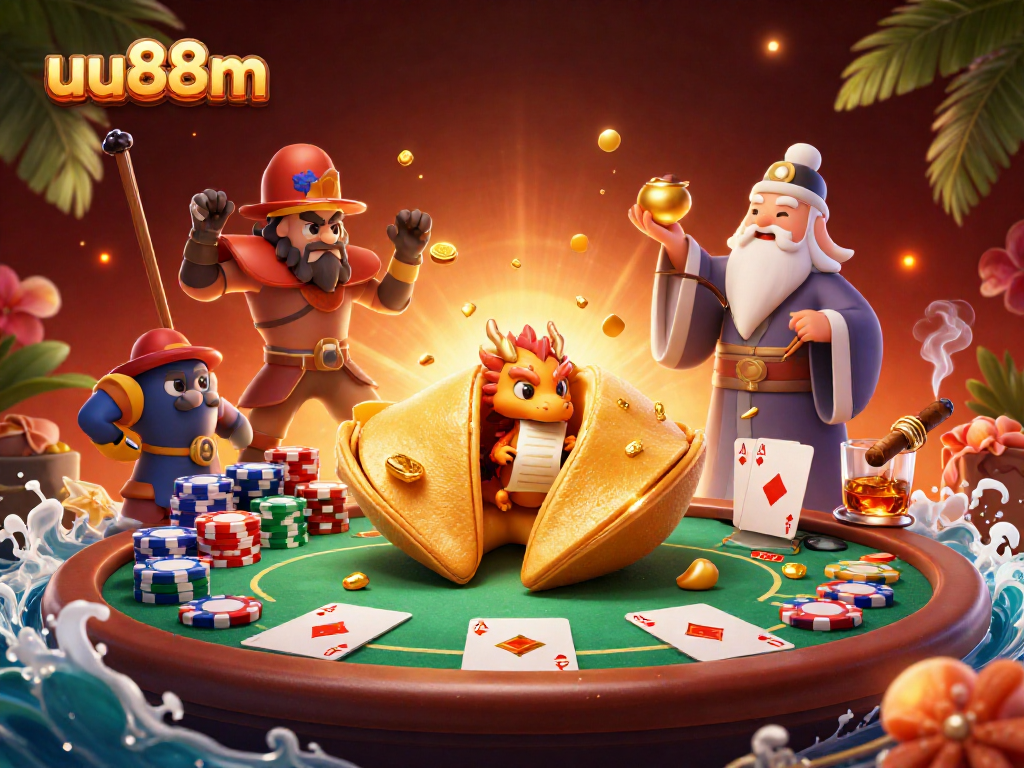 Engage with uu88m's enticing world of poker, featuring a dynamic illustration of a golden fortune cookie and dragon.
