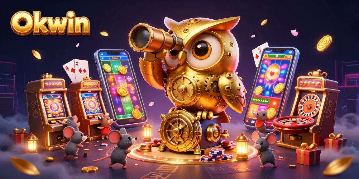 Experience the thrill of Okwin with a lively 3D casino scene featuring dynamic characters and engaging slot games.
