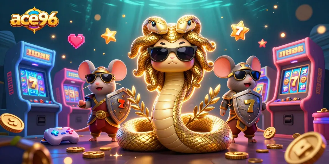 Experience the excitement of ace96 with Medusa and a warrior mouse in a vibrant casino scene.