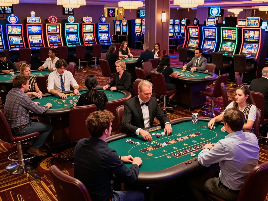 Excited players actively gambling at 28bets casino tables with vibrant atmosphere