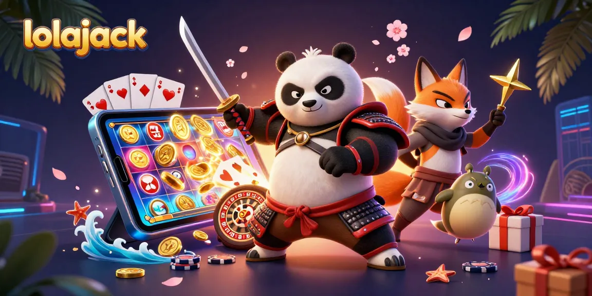 Immerse in the exciting world of lolajack Casino with a dynamic 3D cartoon scene featuring samurai panda, ninja fox, and magical tanuki.
