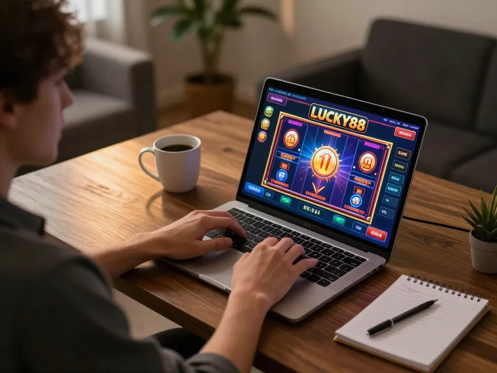 LUCKY88 online slot gaming excitement with immersive home setup, highlighting a laptop display and cozy atmosphere