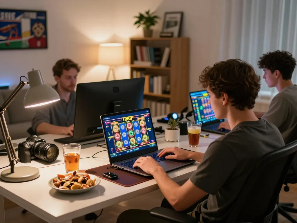 Player enjoying tg88 online slots in a cozy home office setting, showcasing engaging gameplay and responsible gaming.