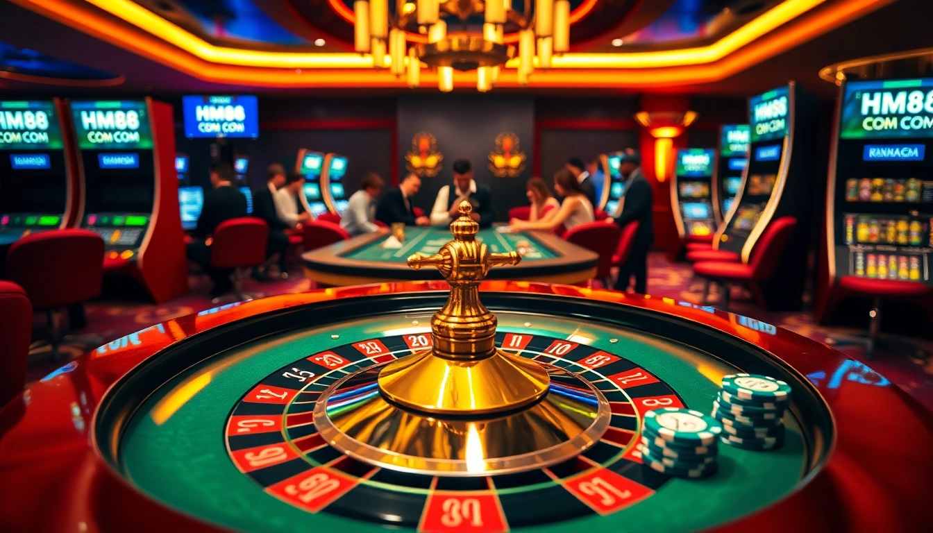 Experience the thrill of gambling at HM88 COM with vibrant slot machines and poker chips.
