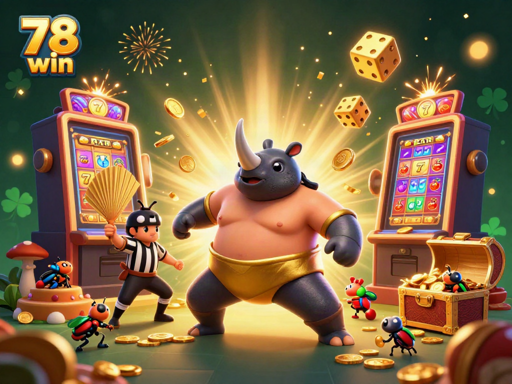 Experience the thrill of 78 win casino games with a vibrant scene of fun characters and slot machines bursting in excitement!