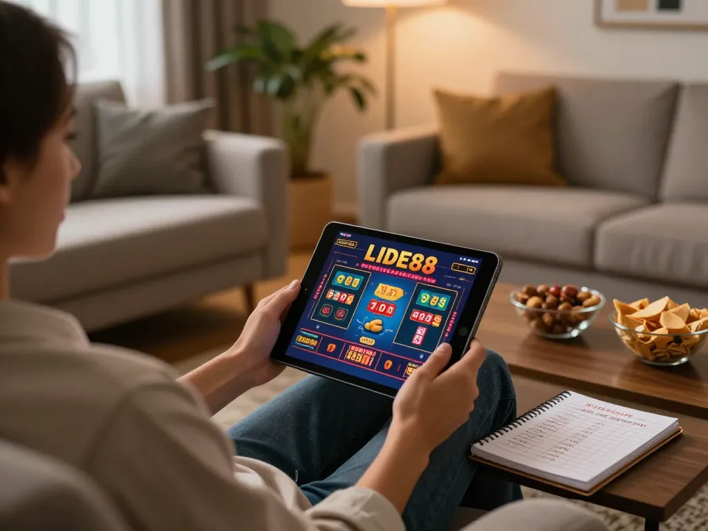 Player engaging with LODE88 online casino on tablet, highlighting home gaming setup and responsible gambling.
