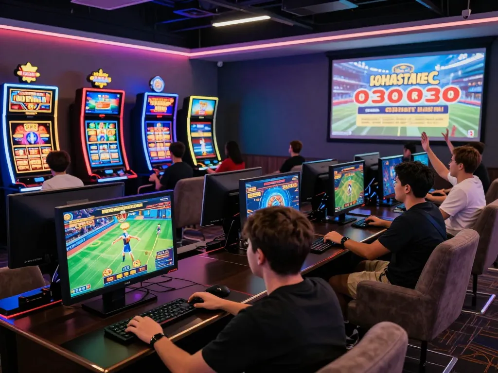 Exciting gaming environment at https://luck8g.net with players engaging in various casino games amid vibrant lighting and modern decor.