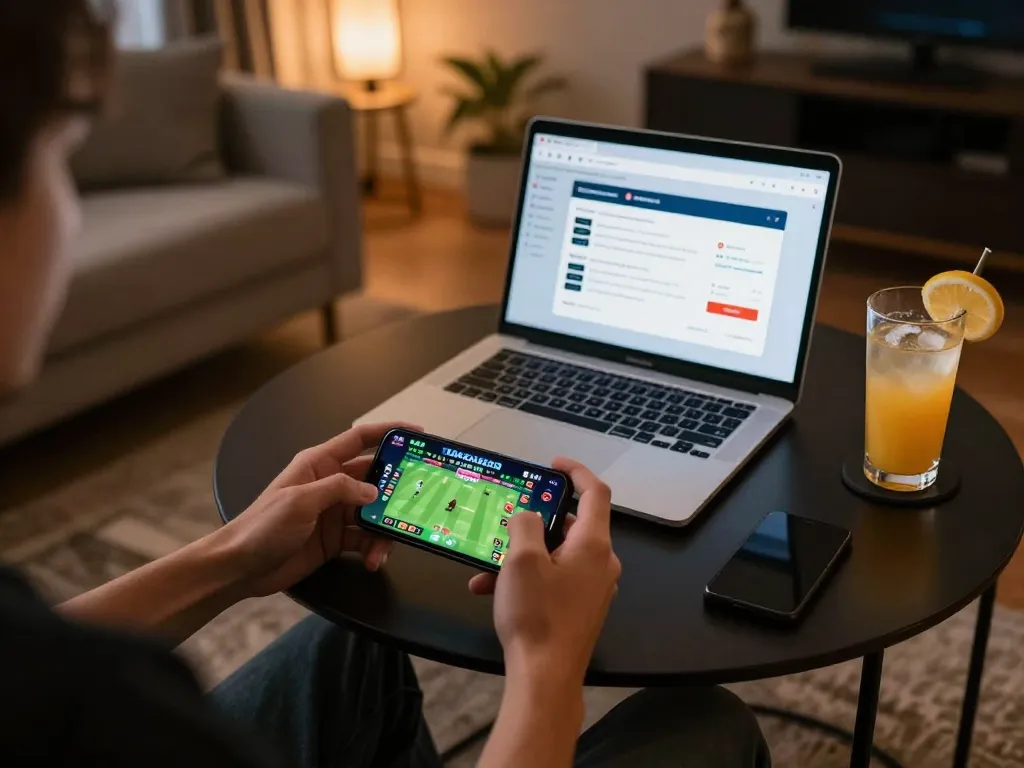 DAGA88 user engaged in mobile gaming while watching live matches in a cozy environment.