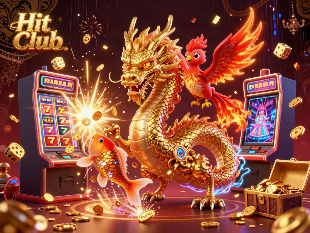 Spin to win at Hit Club, featuring a golden dragon, phoenix, and koi amidst jackpot coins and casino elements.