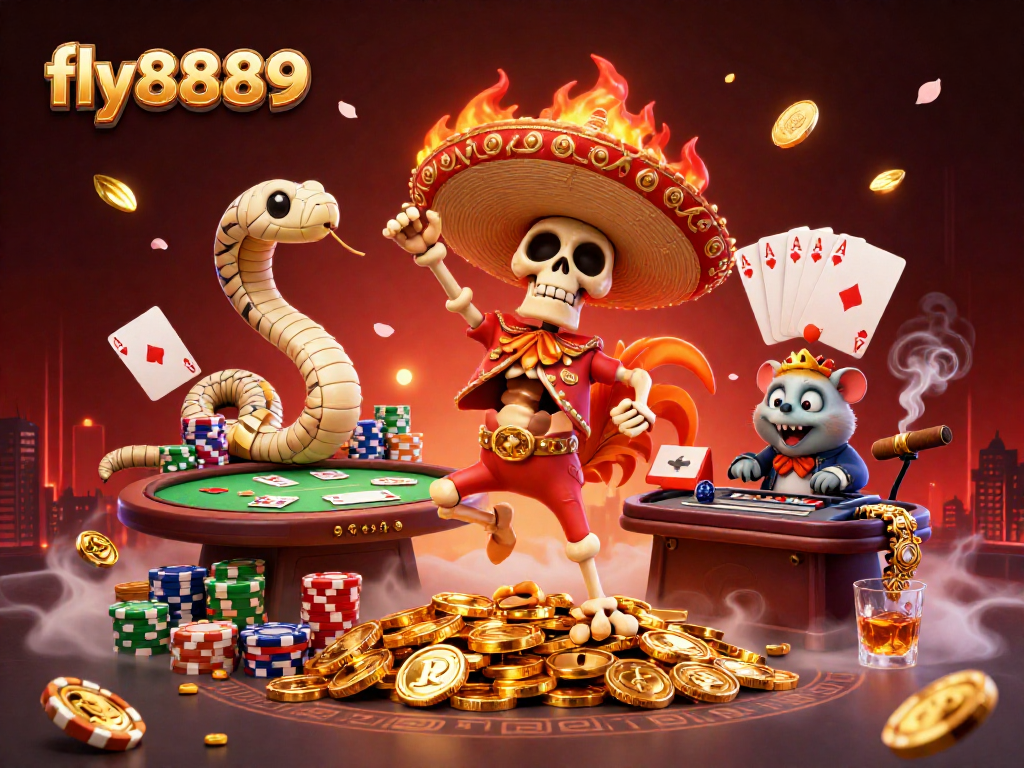 Engage with the vibrant gaming scene at fly8889, featuring colorful poker elements and lively characters.