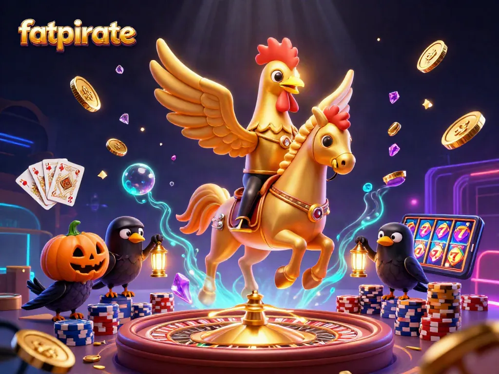 Experience the excitement of fatpirate with a golden rooster and rich casino elements in a vibrant 3D illustration.