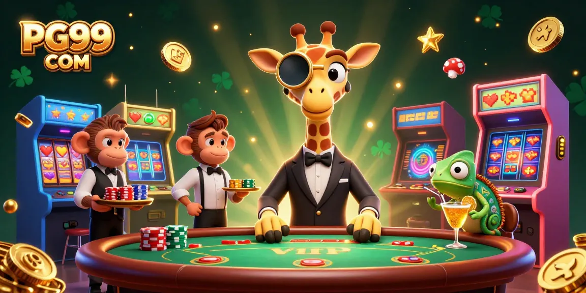 Play exciting games with PG99 COM's vibrant 3D casino scene featuring a giraffe and monkey.