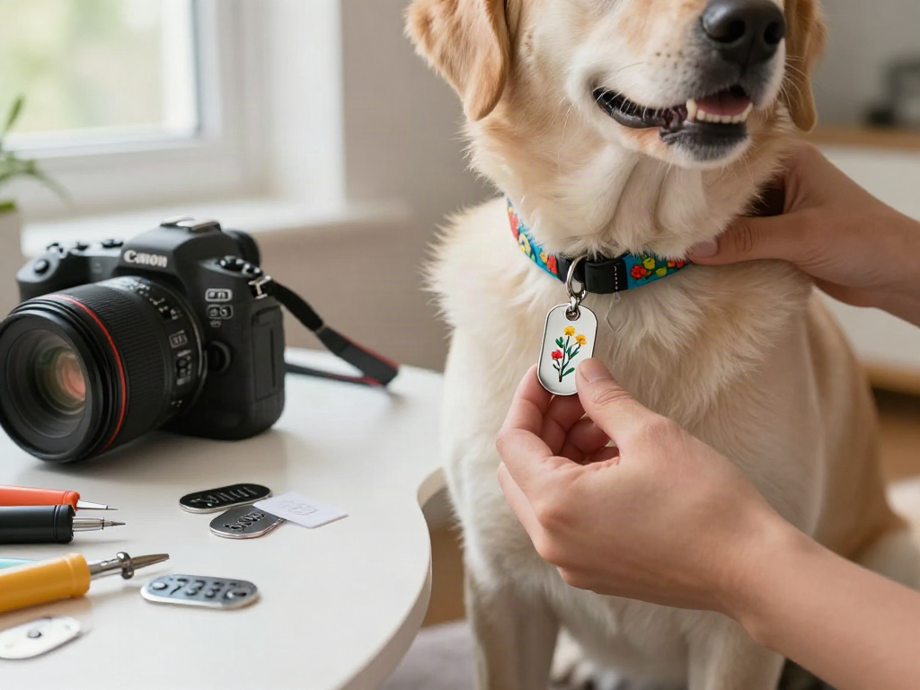 Persoon die een gepersonaliseerde hondenpenning aan de halsband van hun hond bevestigt.