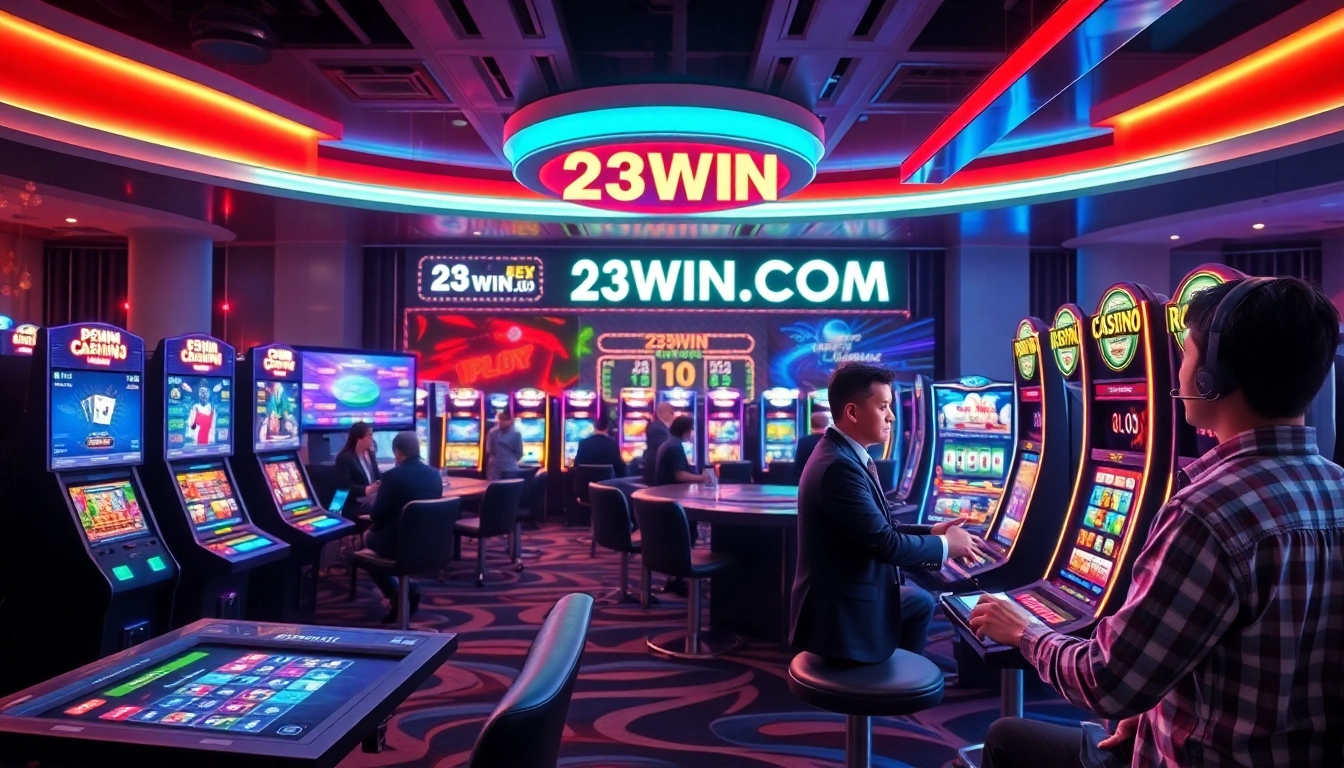 Experience the excitement of 23WIN.COM with a modern online casino gaming setup showcasing vibrant games and engaging players.