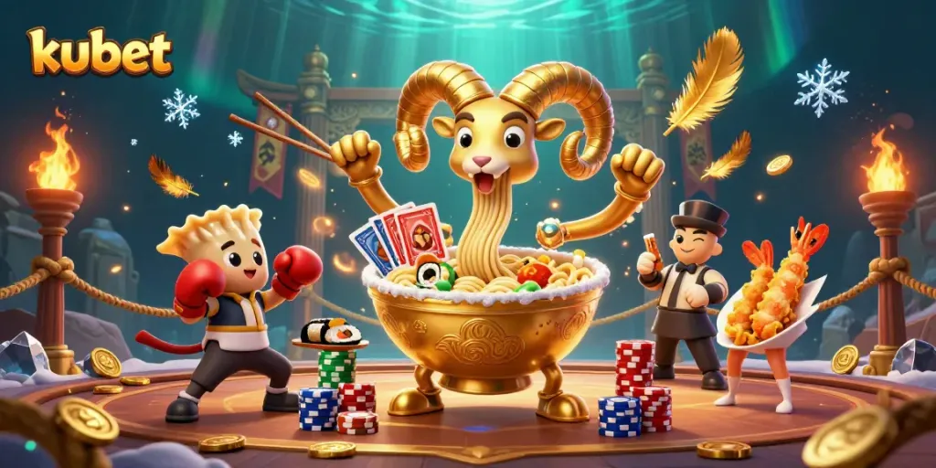 Kubet's exciting casino scene featuring a golden ramen bowl with noodle arms and other lively characters.