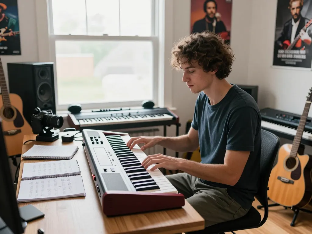 Creative musician playing VK88 organ in a vibrant home studio.