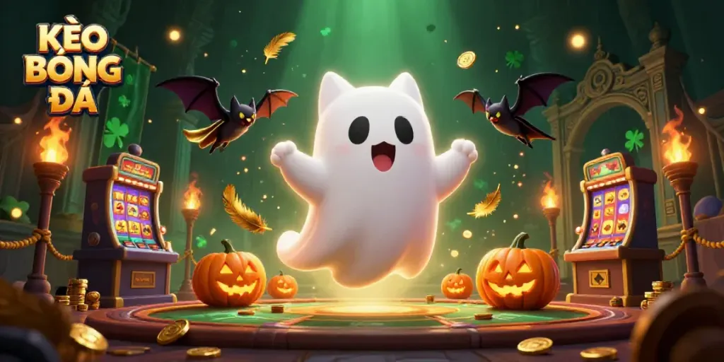Engage with KÈO BÓNG ĐÁ through a dynamic casino scene with ghost cat, bat, and glowing jack-o-lanterns.