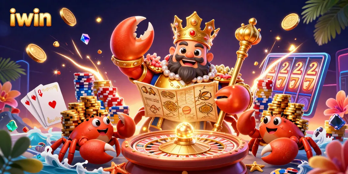 iwin casino experience with a golden crab emperor surrounded by dynamic gaming elements.