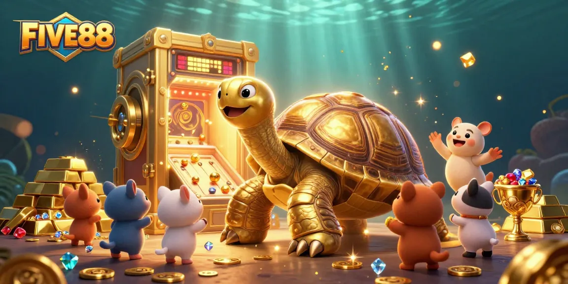 Experience thrilling excitement at FIVE88 featuring a golden tortoise pinball machine amidst dazzling treasures.
