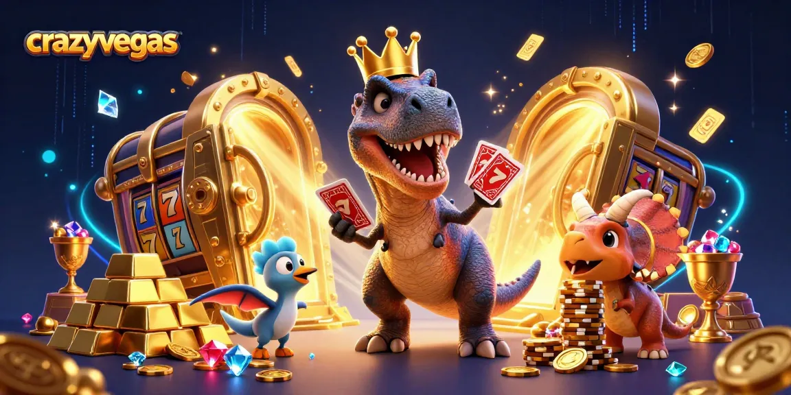 Engage in thrilling action at crazyvegas with a 3D friendly T-Rex shuffling cards amid gold treasures.