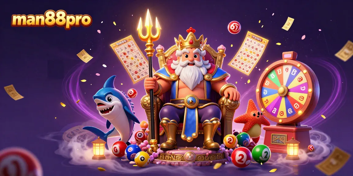 Experience excitement with man88pro as Neptune and his guards celebrate winning moments in a vibrant casino scene.