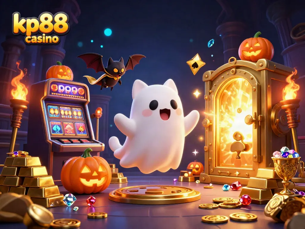 Experience the thrill of kp88 casino with a ghost cat, bat, and glowing jack-o-lanterns in a dynamic scene.