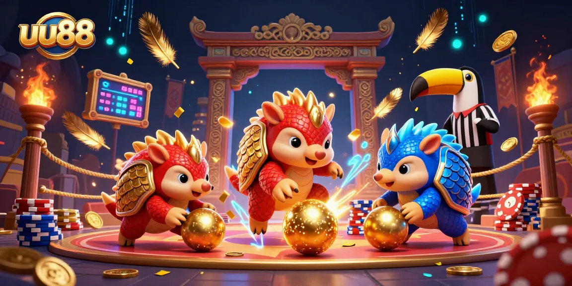 uu88 captivates as rival pangolins roll through poker chips in a vibrant casino arena.
