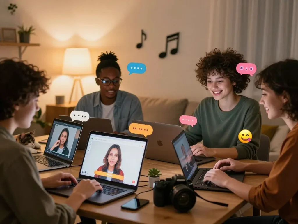 Engaging sex chat environment with diverse participants communicating playfully online.
