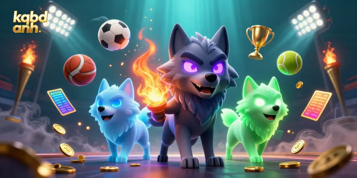 Engaging real-time sports betting scene depicting kqbd anh. with three animated wolves amidst soccer, basketball, and trophies.