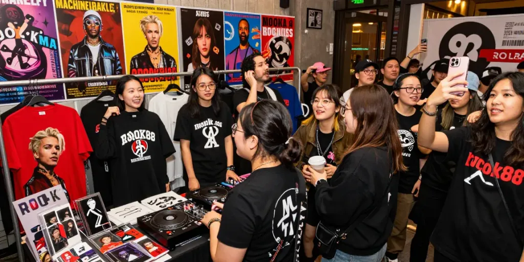 Fans celebrating at a rokok88 merchandise pop-up event, showcasing exclusive apparel and collectibles in an energetic urban setting.