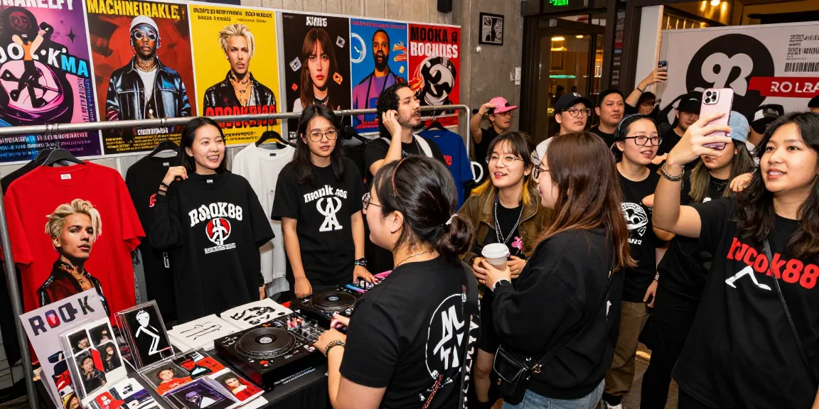 Fans celebrating at a rokok88 merchandise pop-up event, showcasing exclusive apparel and collectibles in an energetic urban setting.