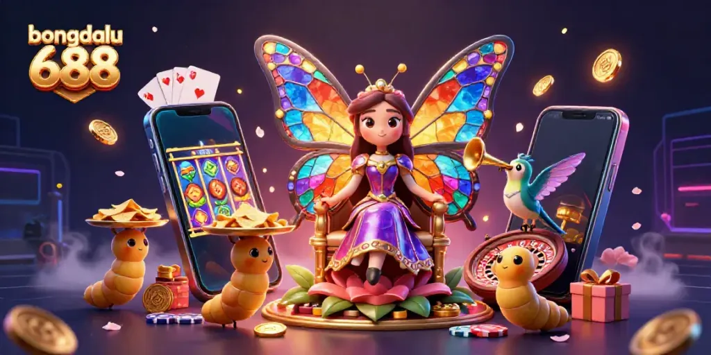 Engage with bongdalu 688 as vibrant butterfly queen, chips, and game elements create a captivating gambling scene.