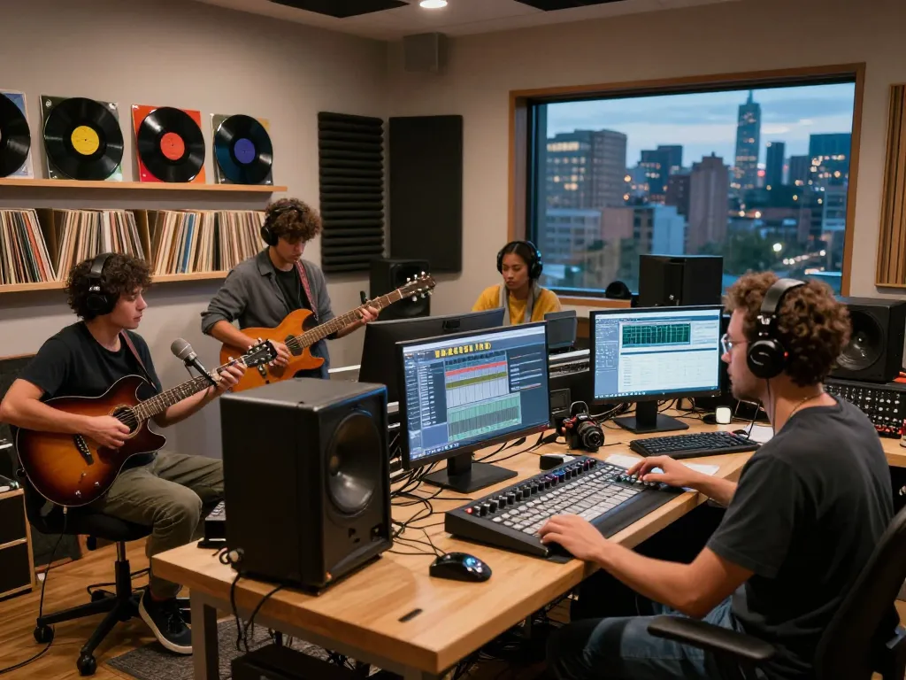 Collaboration in a music studio with indo viral artists creating tracks, showcasing instruments and urban vibes.