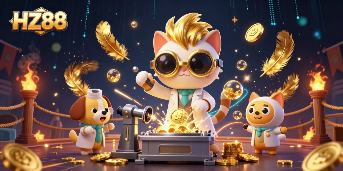 Experience the thrill of HZ88 with an energetic 3D illustration featuring a whimsical mad scientist cat and dog in a casino-themed scene.