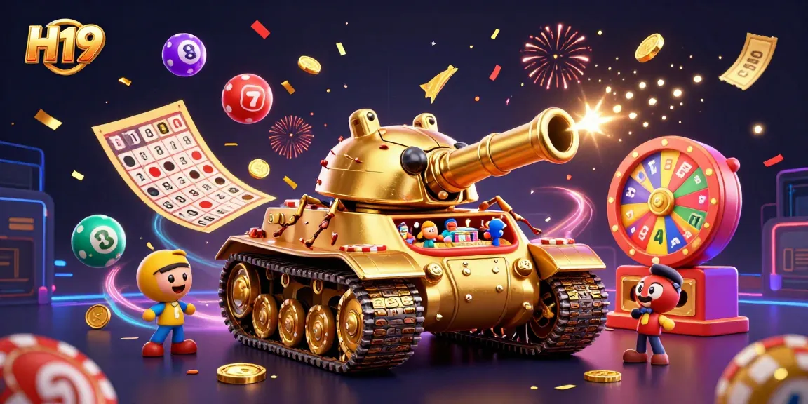 Engage with H19's vibrant gaming atmosphere featuring a miniature casino tank, lottery elements, and prize offerings.