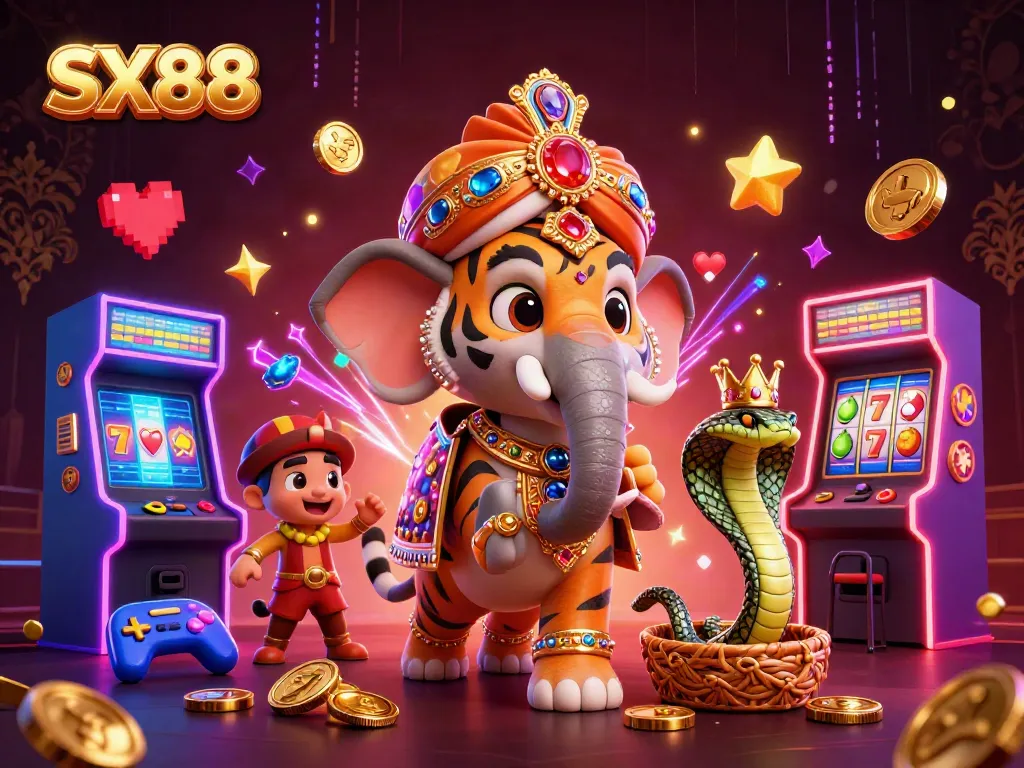 SX88 gaming scene with a cartoon Indian maharaja tiger, jewel-encrusted elephant, and vibrant slot game elements