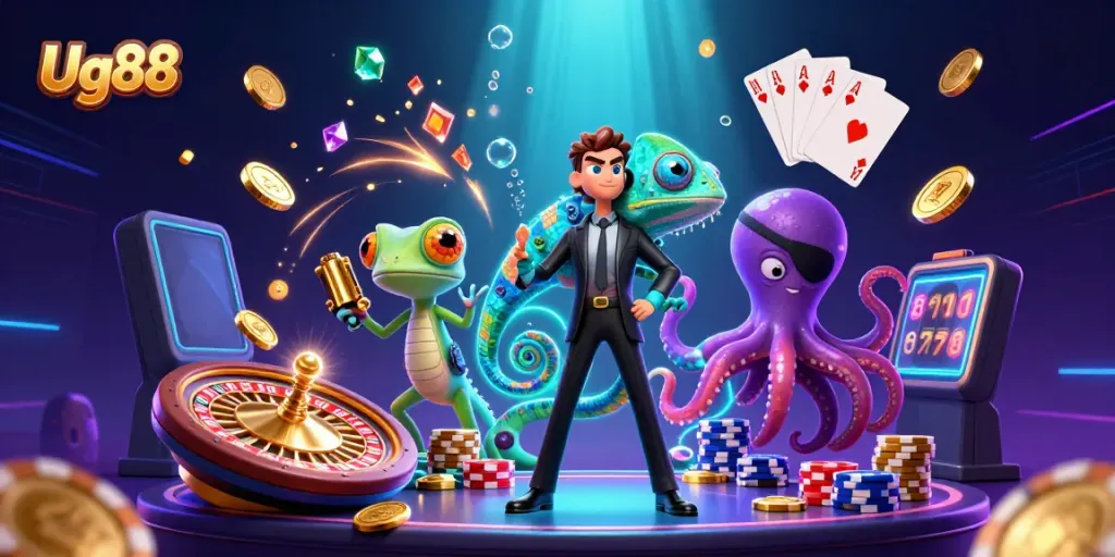 Experience the excitement of Ug88 with vibrant casino characters and dynamic gaming elements!