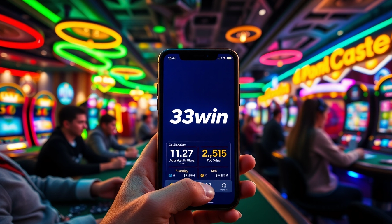 Engaging 33win online casino atmosphere with players enjoying various games and mobile interface.