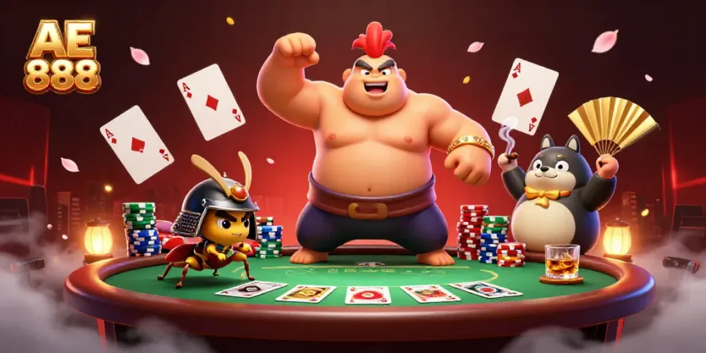 Experience AE 888 with thrilling poker gameplay featuring a sumo wrestler rooster and samurai cricket.