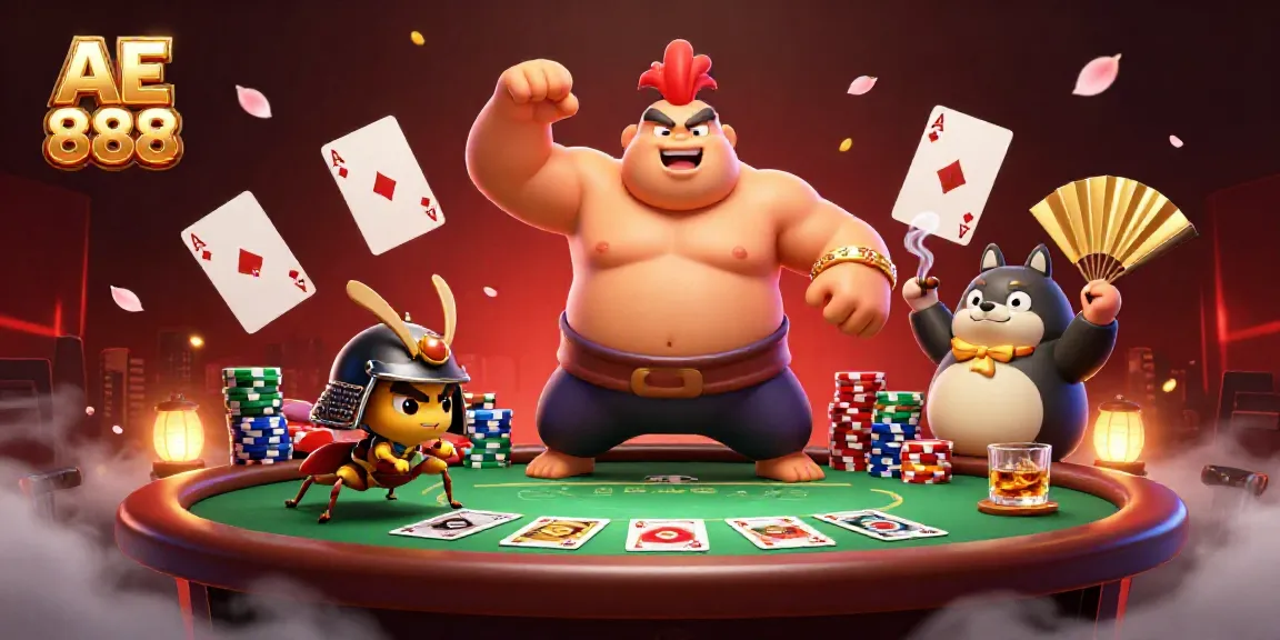 Experience AE 888 with thrilling poker gameplay featuring a sumo wrestler rooster and samurai cricket.