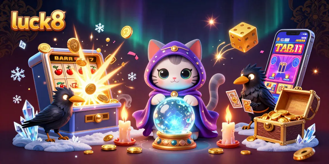 Engage with luck8’s dynamic casino experience through an enchanting 3D scene filled with vibrant game elements.