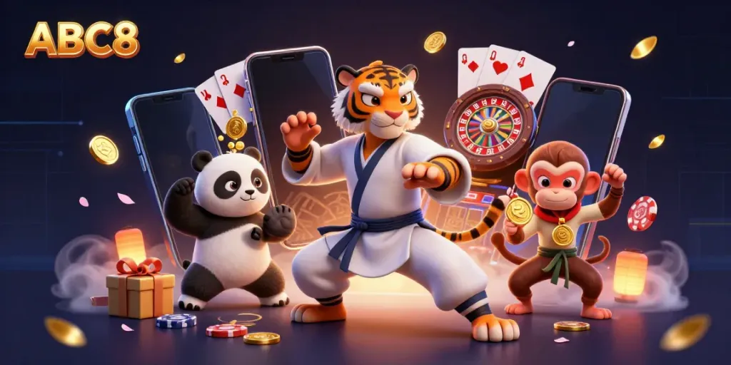 Win big with ABC8 in a vibrant 3D casino scene showcasing animated characters and gambling elements.